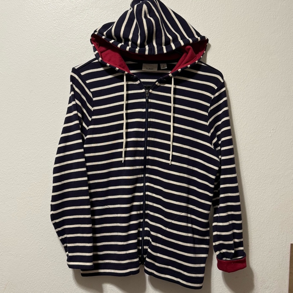 L.L. Bean Navy And White Striped Hoodie with Red Details Women’s Large Pet Zip